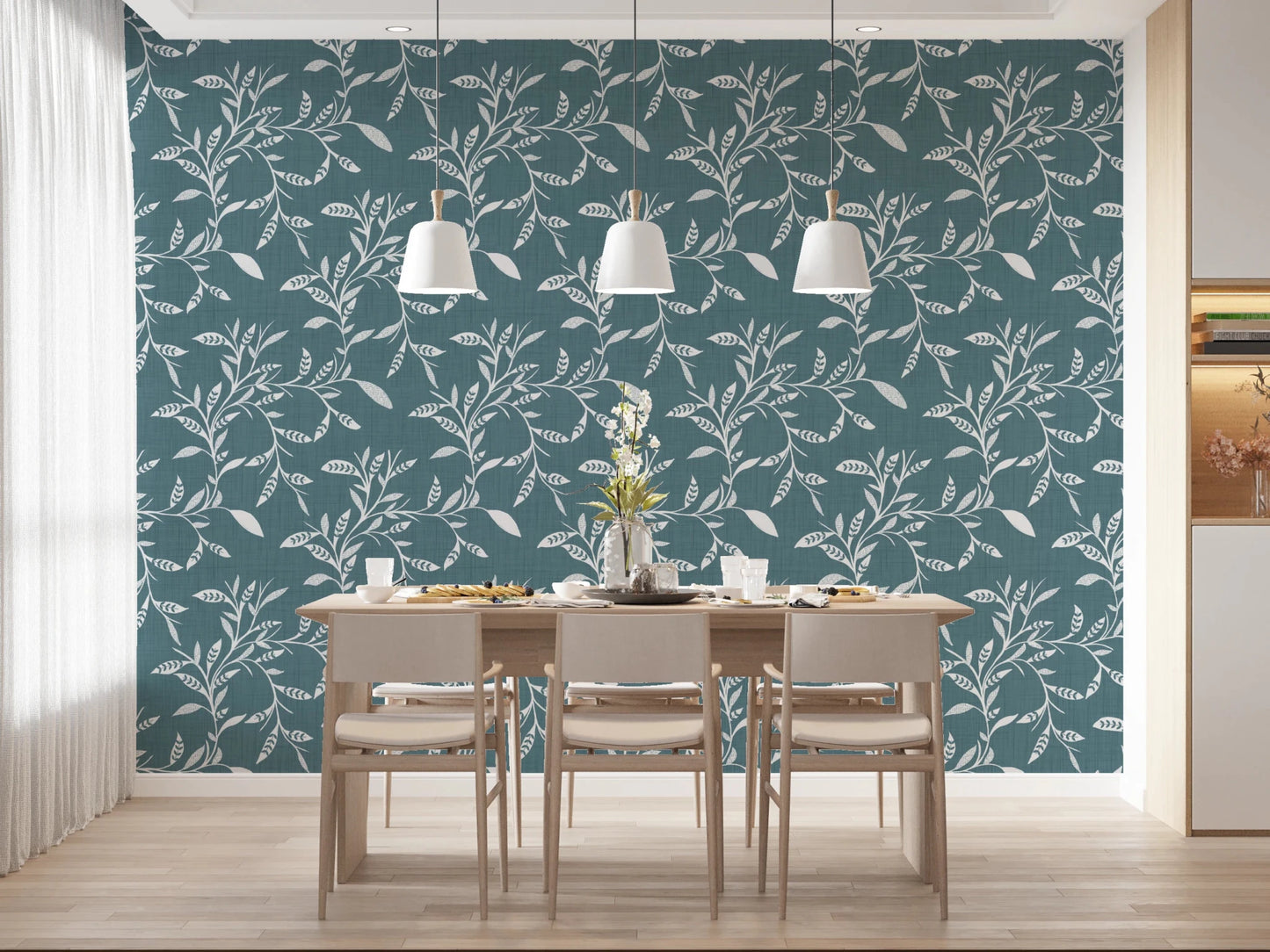 Dining Room updated with Cozy Scandi Folk Leaf Vine Nordic Blue Grey wallpaper, GD8539