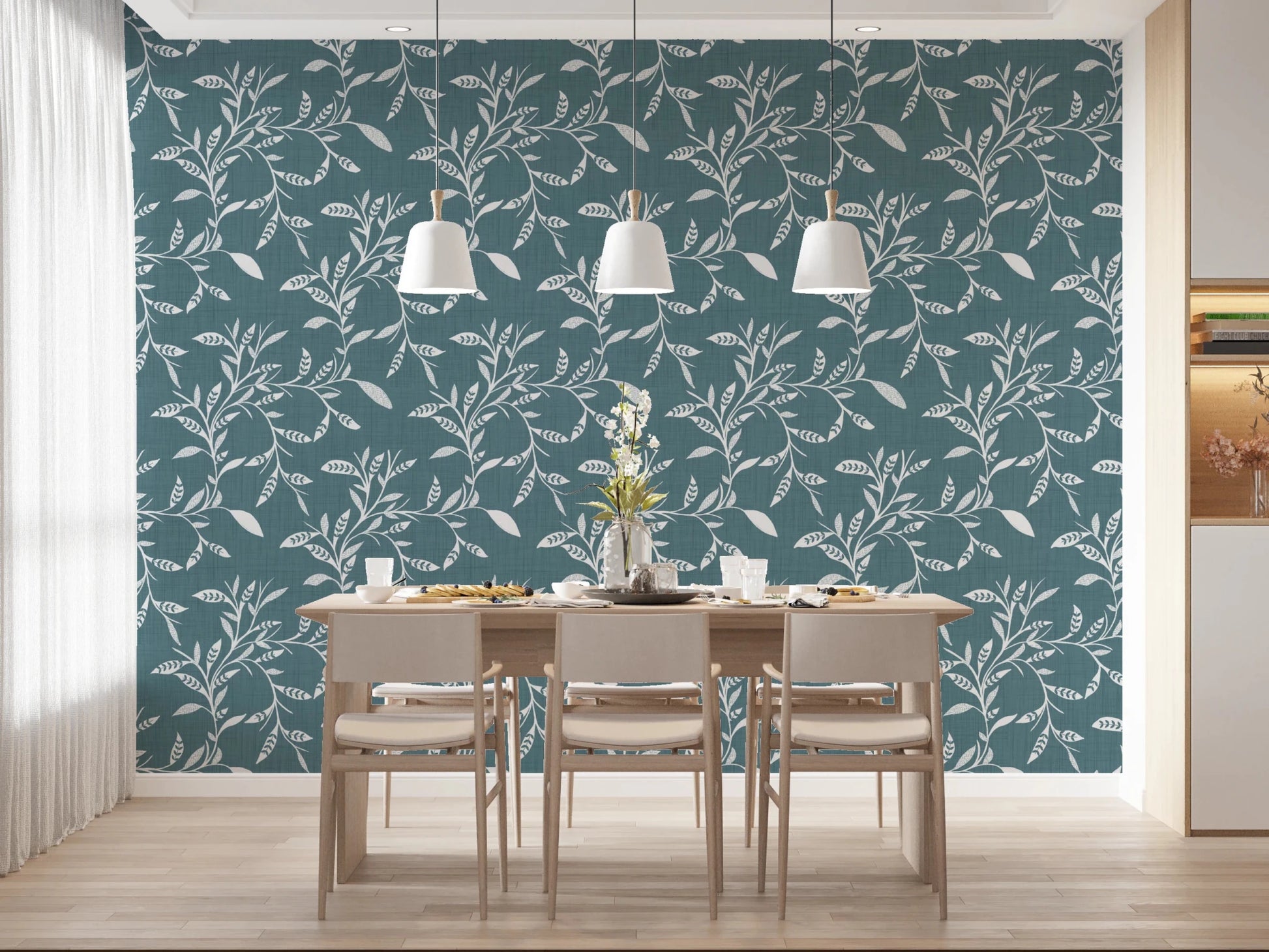 Dining Room updated with Cozy Scandi Folk Leaf Vine Nordic Blue Grey wallpaper, GD8539