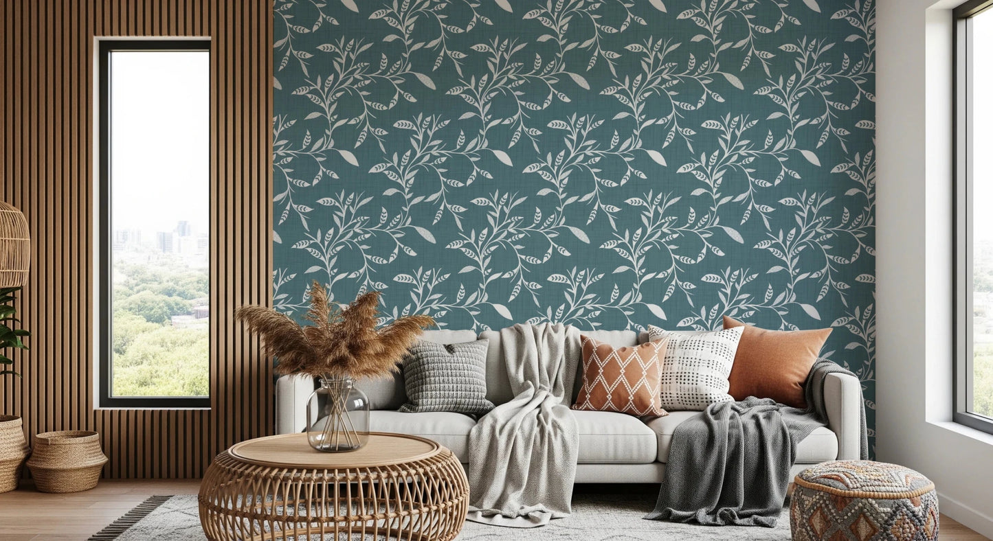 Window-side lounge styled with Cozy Scandi Folk Leaf Vine Nordic Blue Grey wallpaper, GD8539
