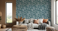 Window-side lounge styled with Cozy Scandi Folk Leaf Vine Nordic Blue Grey wallpaper, GD8539
