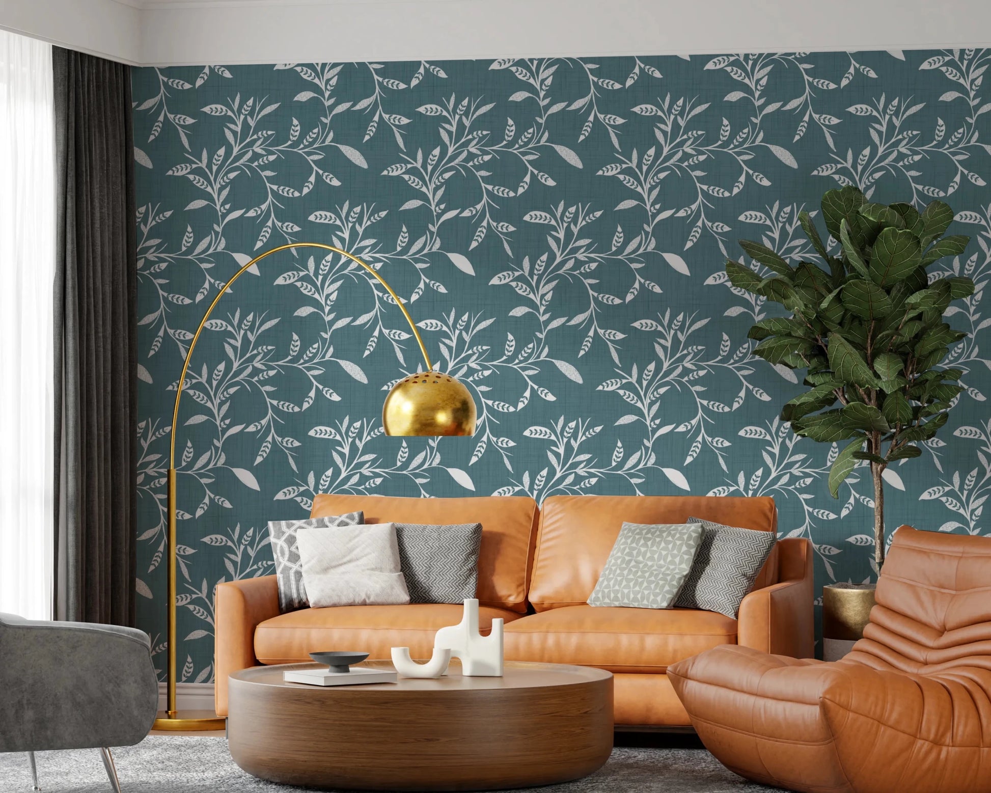 Warm sitting area finished with Cozy Scandi Folk Leaf Vine Nordic Blue Grey wallpaper, GD8539