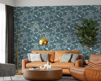 Warm sitting area finished with Cozy Scandi Folk Leaf Vine Nordic Blue Grey wallpaper, GD8539