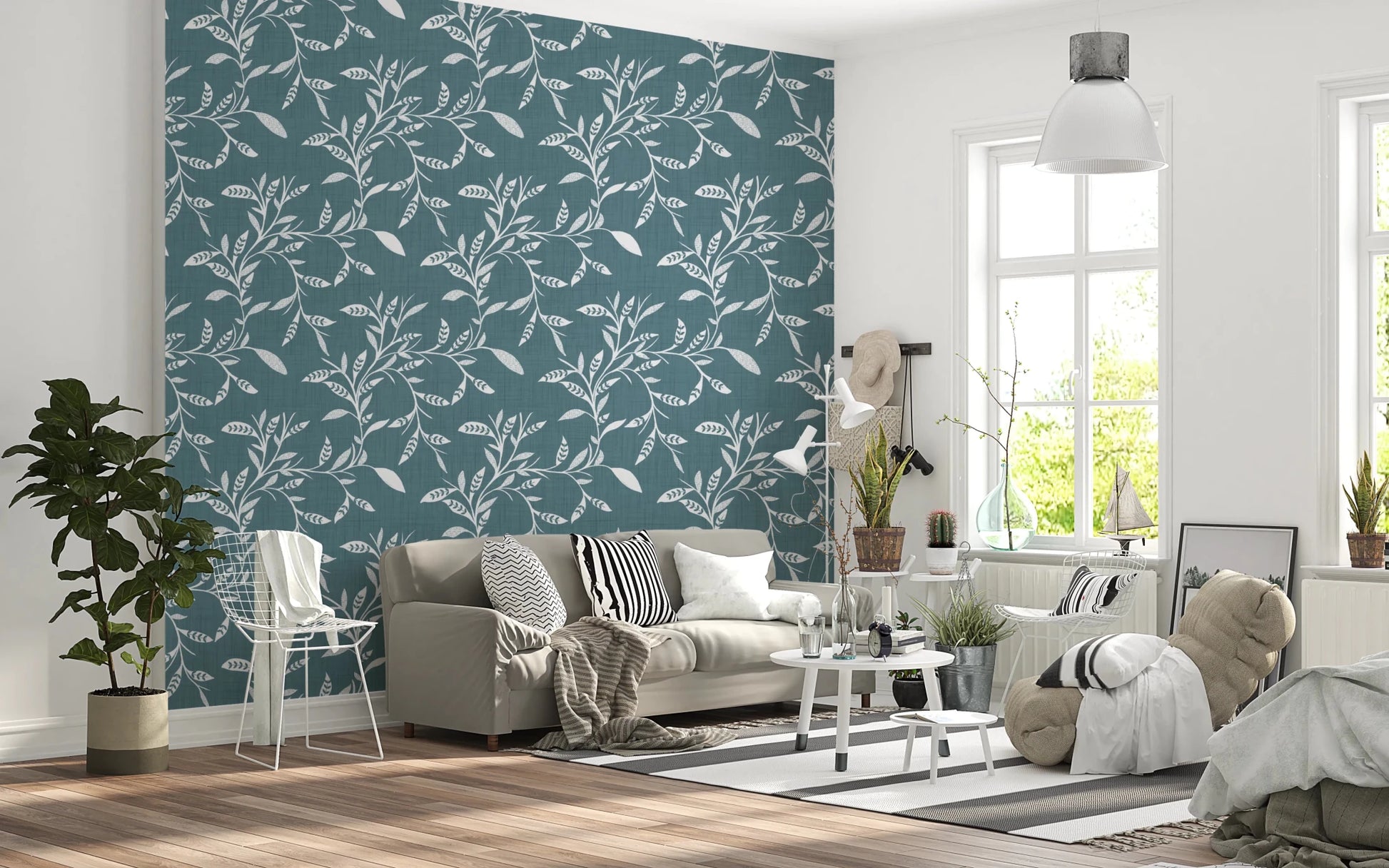 Bright living room finished in Cozy Scandi Folk Leaf Vine Nordic Blue Grey wallpaper, GD8539