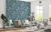 Bright living room finished in Cozy Scandi Folk Leaf Vine Nordic Blue Grey wallpaper, GD8539