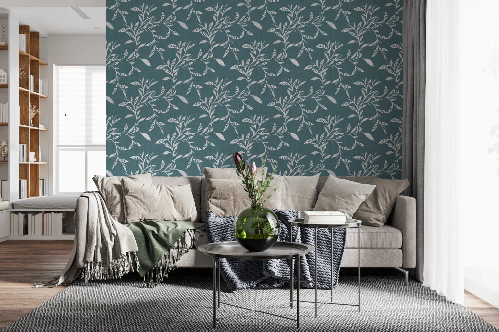 Cozy sofa corner featuring Cozy Scandi Folk Leaf Vine Nordic Blue Grey wallpaper, GD8539