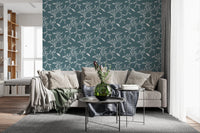Cozy sofa corner featuring Cozy Scandi Folk Leaf Vine Nordic Blue Grey wallpaper, GD8539