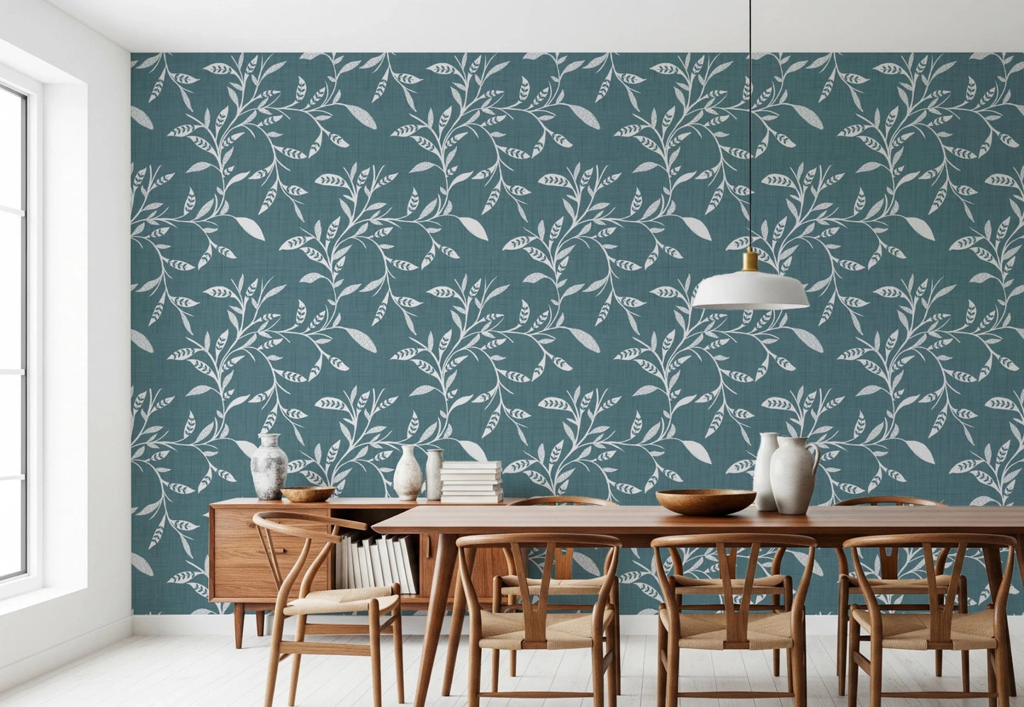 Dining area paired with Cozy Scandi Folk Leaf Vine Nordic Blue Grey wallpaper, GD8539