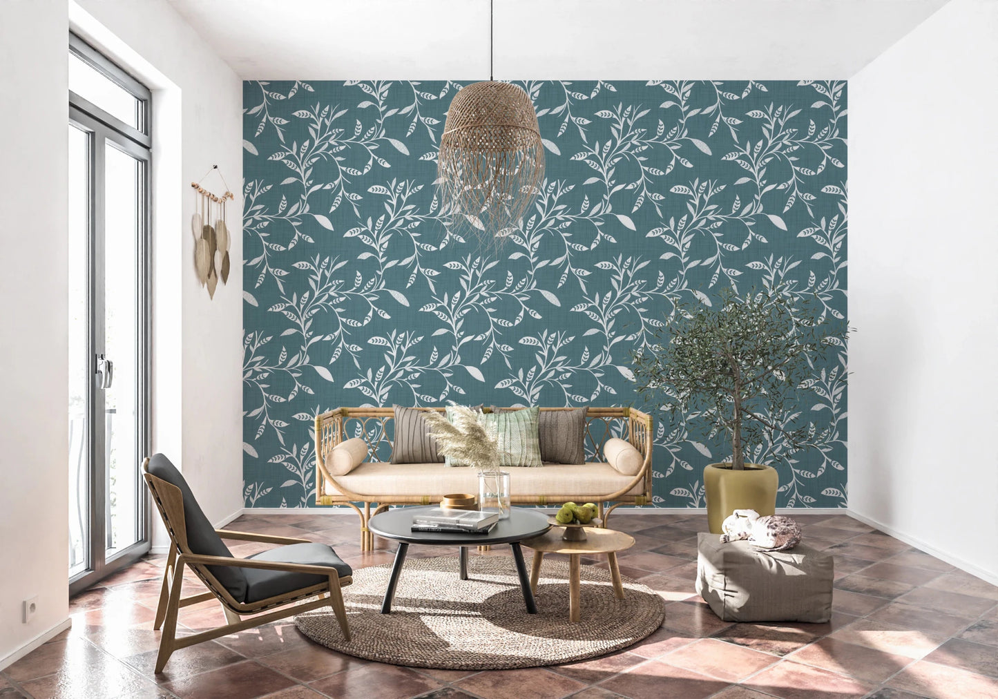 Window-side lounge styled in Cozy Scandi Folk Leaf Vine Nordic Blue Grey wallpaper, GD8539