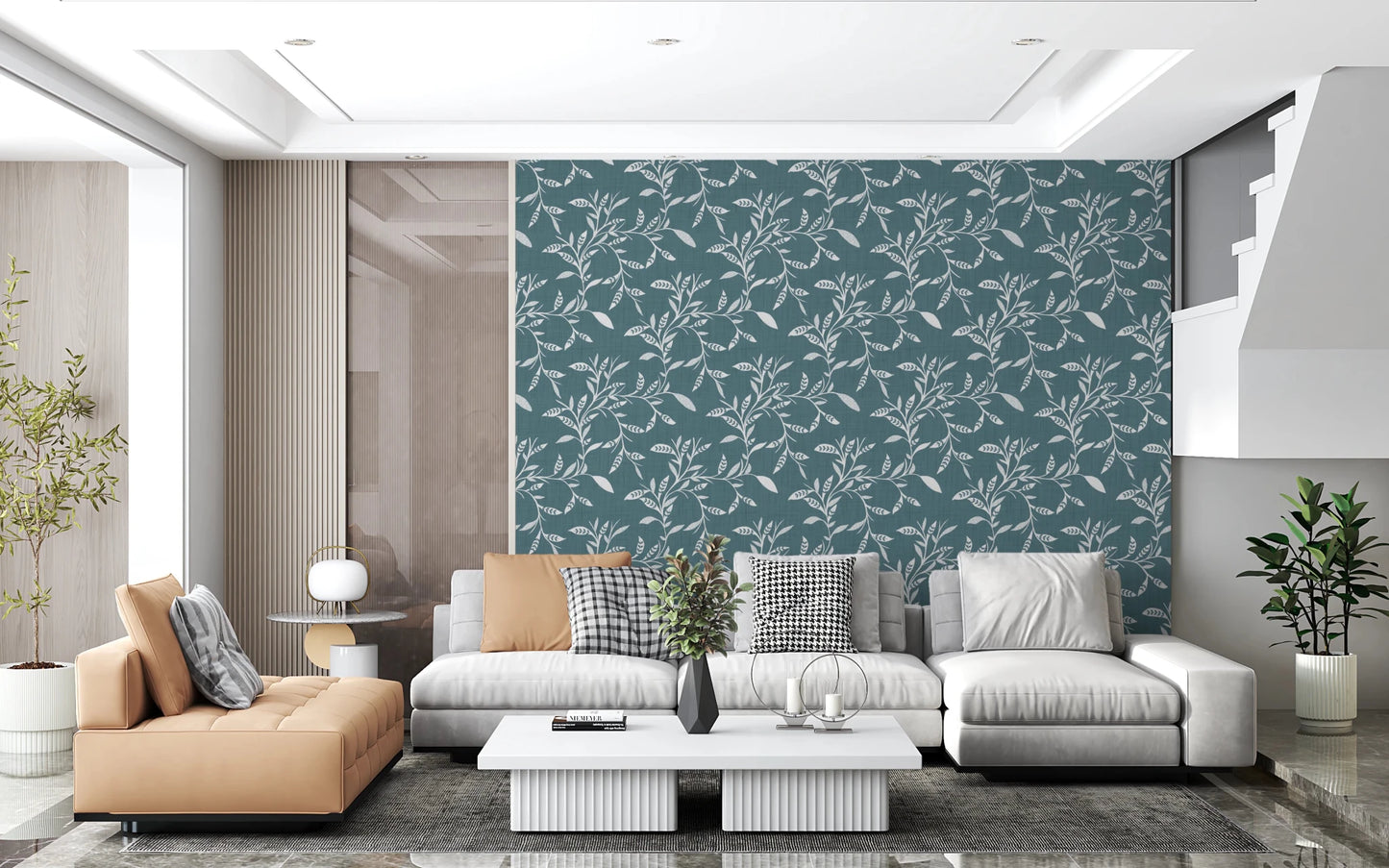Open family room paired with Cozy Scandi Folk Leaf Vine Nordic Blue Grey wallpaper, GD8539