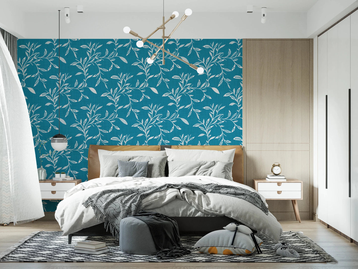 Bedroom styled with Cozy Scandi Folk Leaf Vine Nordic Teal wallpaper and soft bedding, GD8540