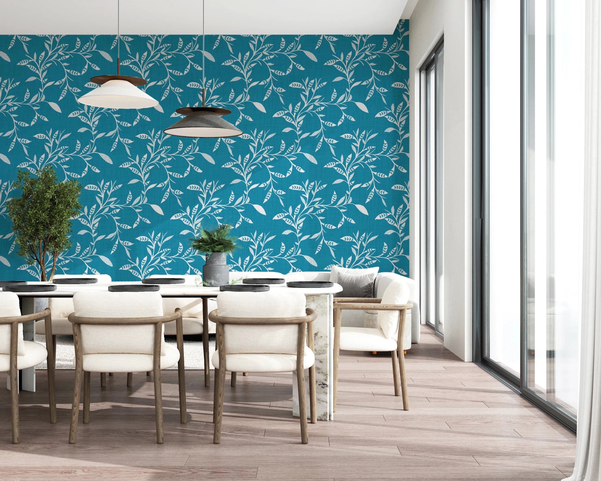 Dining area finished with Cozy Scandi Folk Leaf Vine Nordic Teal wallpaper, GD8540