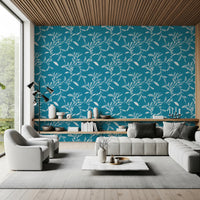 Timber ceiling lounge styled in Cozy Scandi Folk Leaf Vine Nordic Teal wallpaper, GD8540