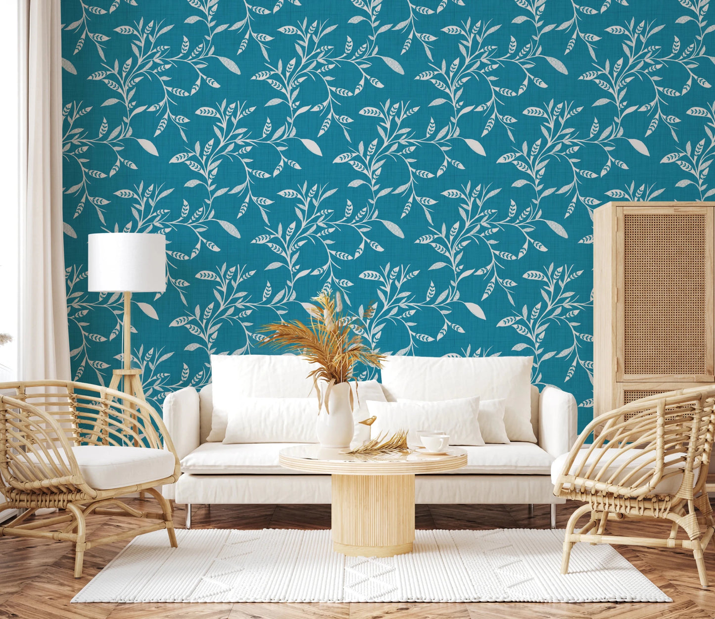 Bright living room styled with Cozy Scandi Folk Leaf Vine Nordic Teal wallpaper, GD8540