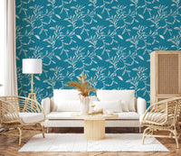 Bright living room styled with Cozy Scandi Folk Leaf Vine Nordic Teal wallpaper, GD8540