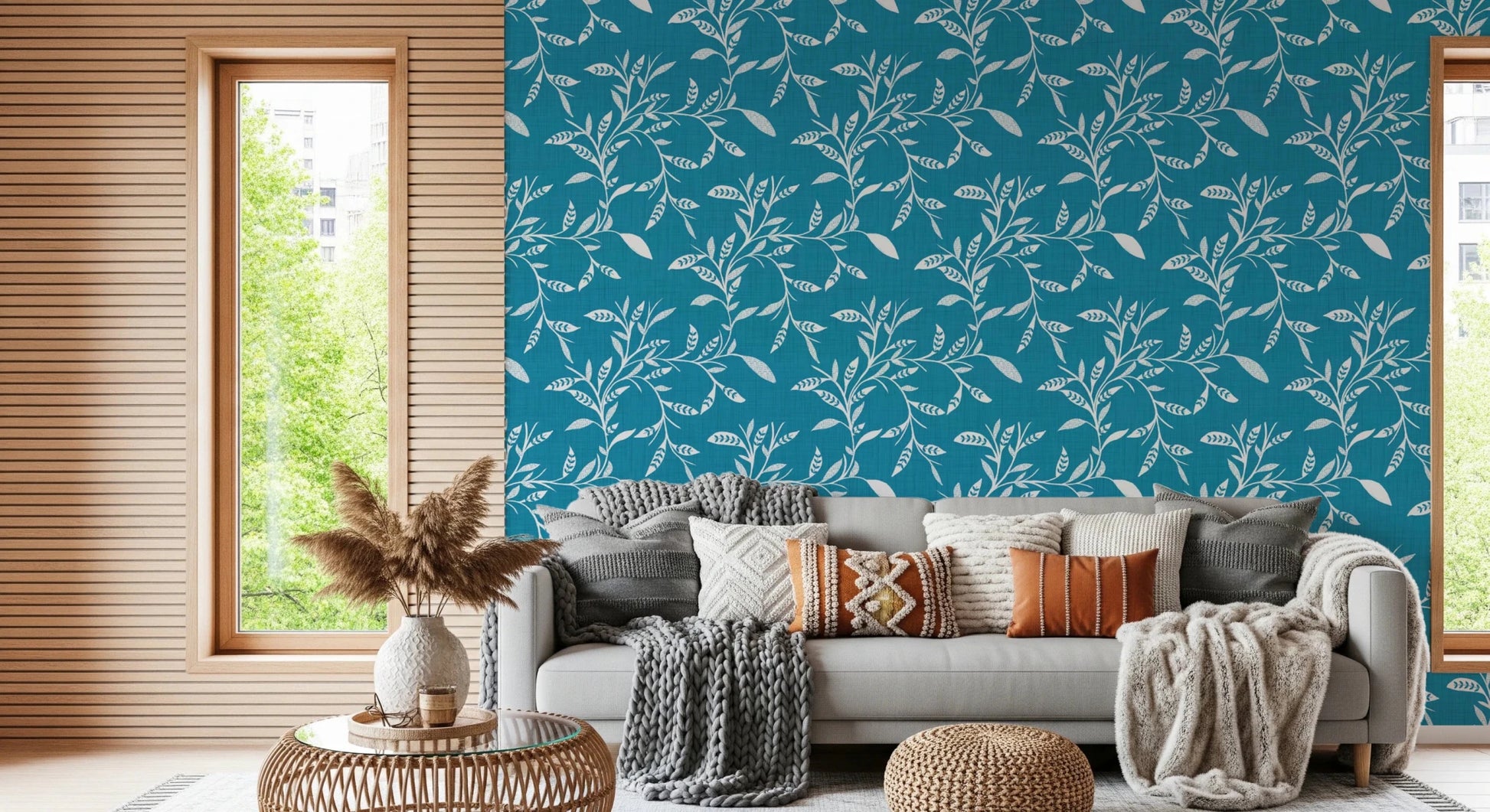 Rustic sitting nook framed by Cozy Scandi Folk Leaf Vine Nordic Teal wallpaper, GD8540