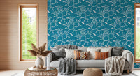 Rustic sitting nook framed by Cozy Scandi Folk Leaf Vine Nordic Teal wallpaper, GD8540