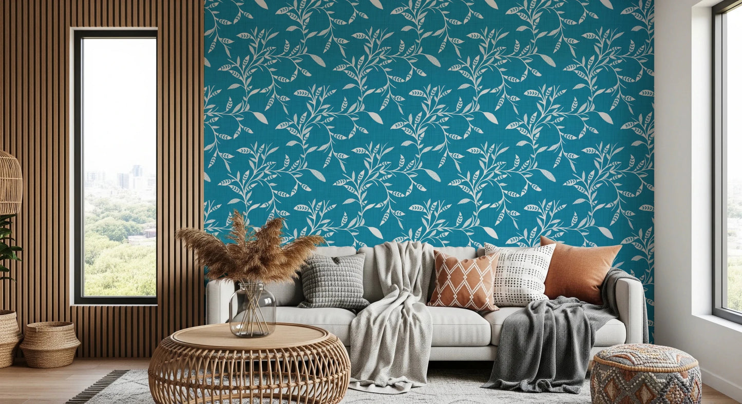 Warm sofa corner updated with Cozy Scandi Folk Leaf Vine Nordic Teal wallpaper, GD8540