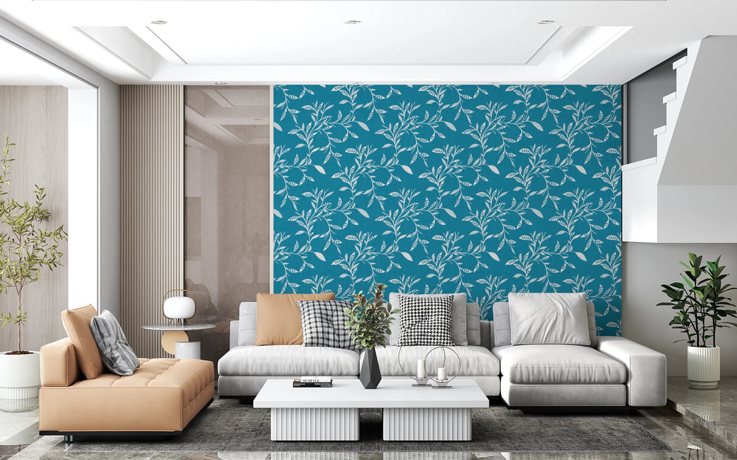Open living room paired with Cozy Scandi Folk Leaf Vine Nordic Teal wallpaper backdrop, GD8540