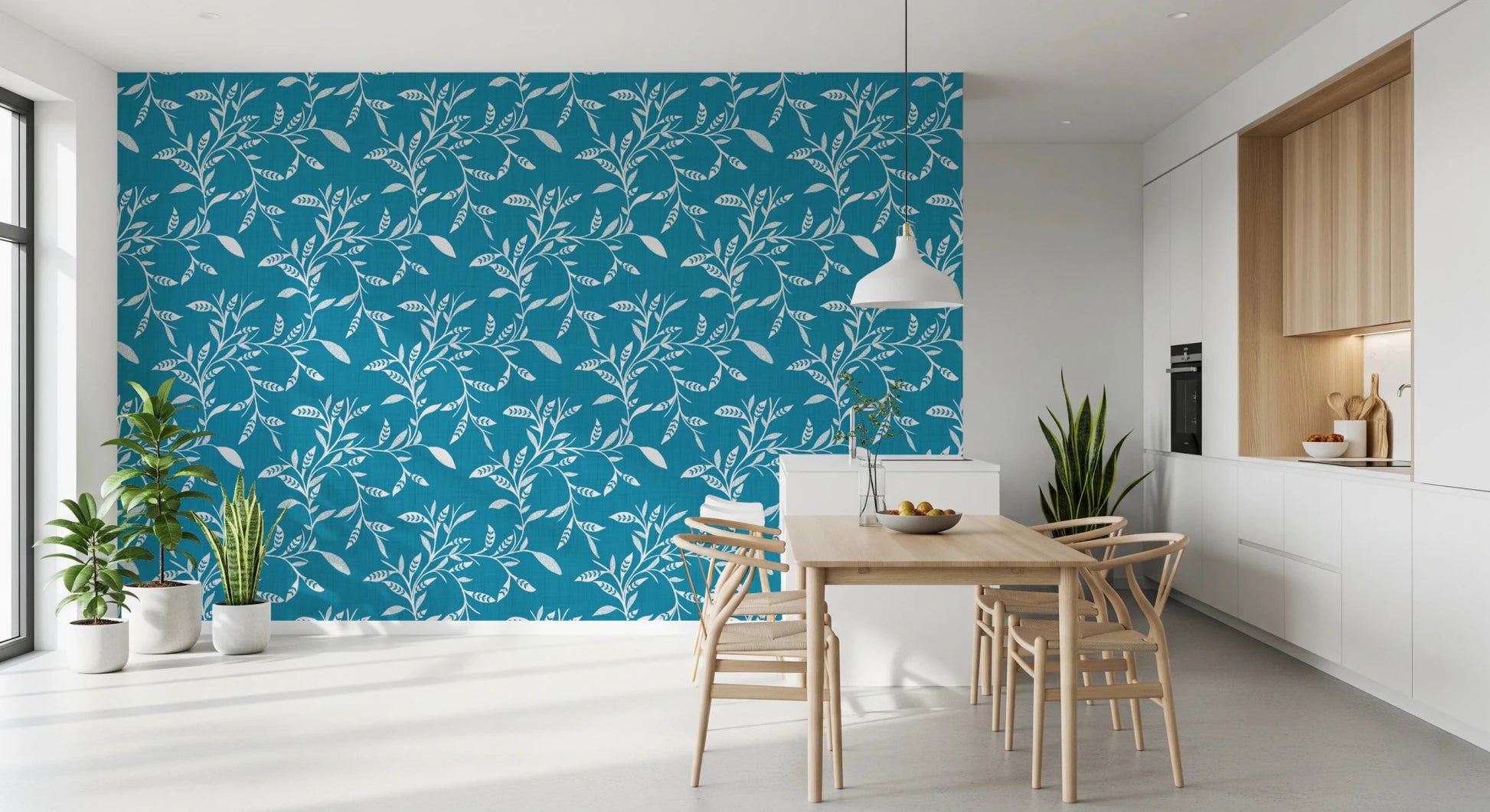 Dining room softened by Cozy Scandi Folk Leaf Vine Nordic Teal wallpaper, GD8540