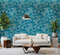 Cozy living area featuring Cozy Scandi Folk Leaf Vine Nordic Teal wallpaper pattern, GD8540
