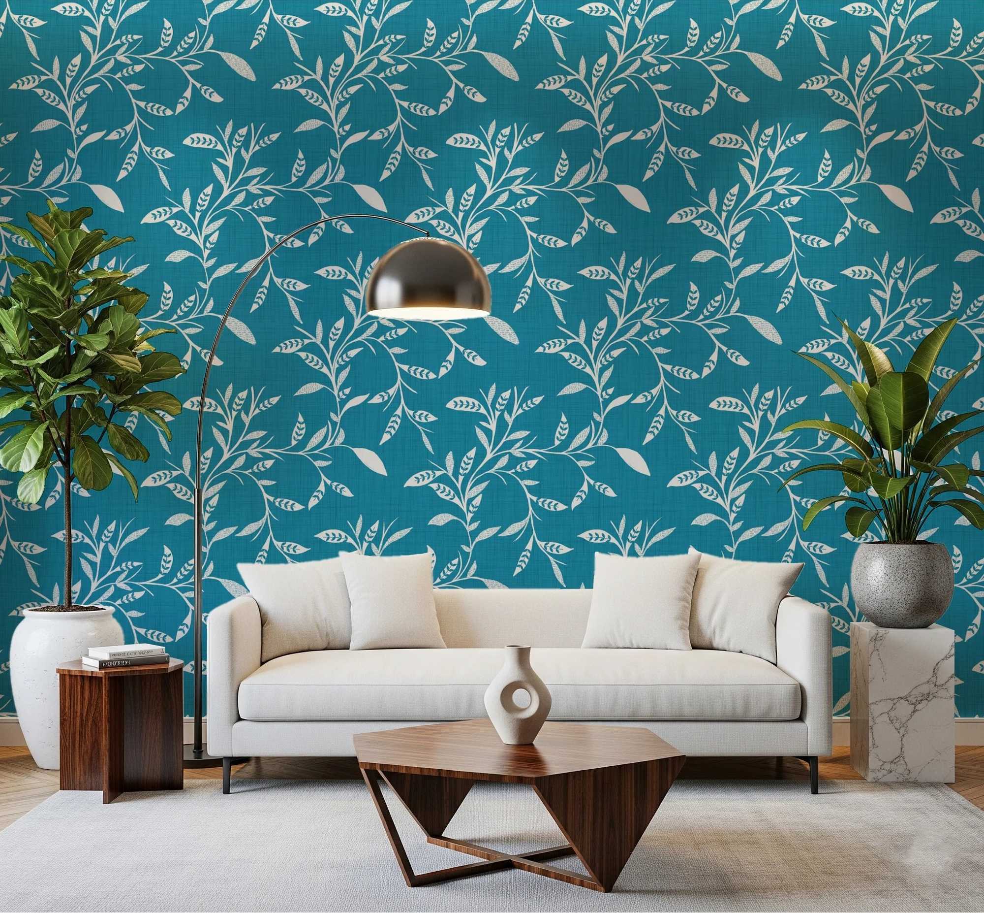Cozy living area featuring Cozy Scandi Folk Leaf Vine Nordic Teal wallpaper pattern, GD8540