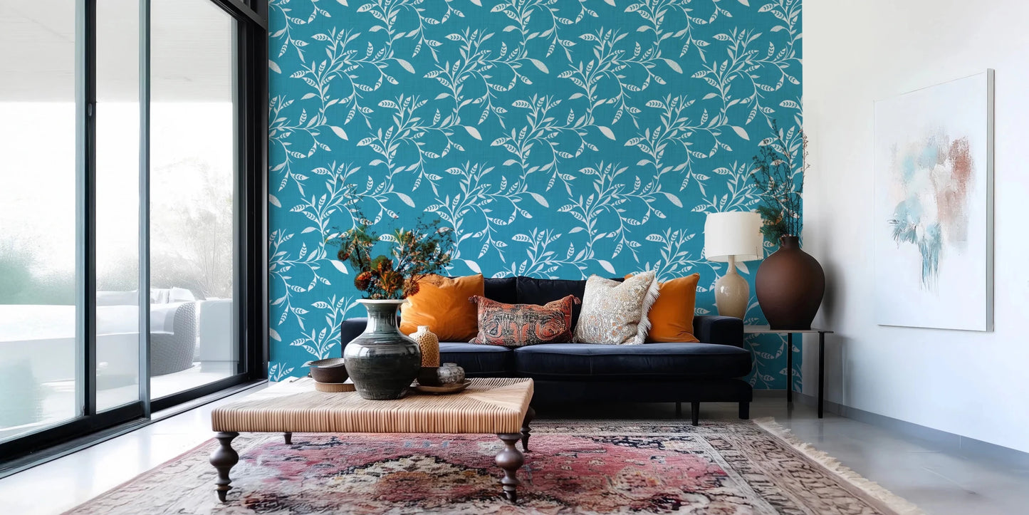 Window-side lounge corner lifted by Cozy Scandi Folk Leaf Vine Nordic Teal wallpaper, GD8540