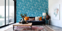Window-side lounge corner lifted by Cozy Scandi Folk Leaf Vine Nordic Teal wallpaper, GD8540