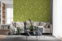 Living room featuring this leaf vine Olive Chartreuse wallpaper and soft lighting, GD8541