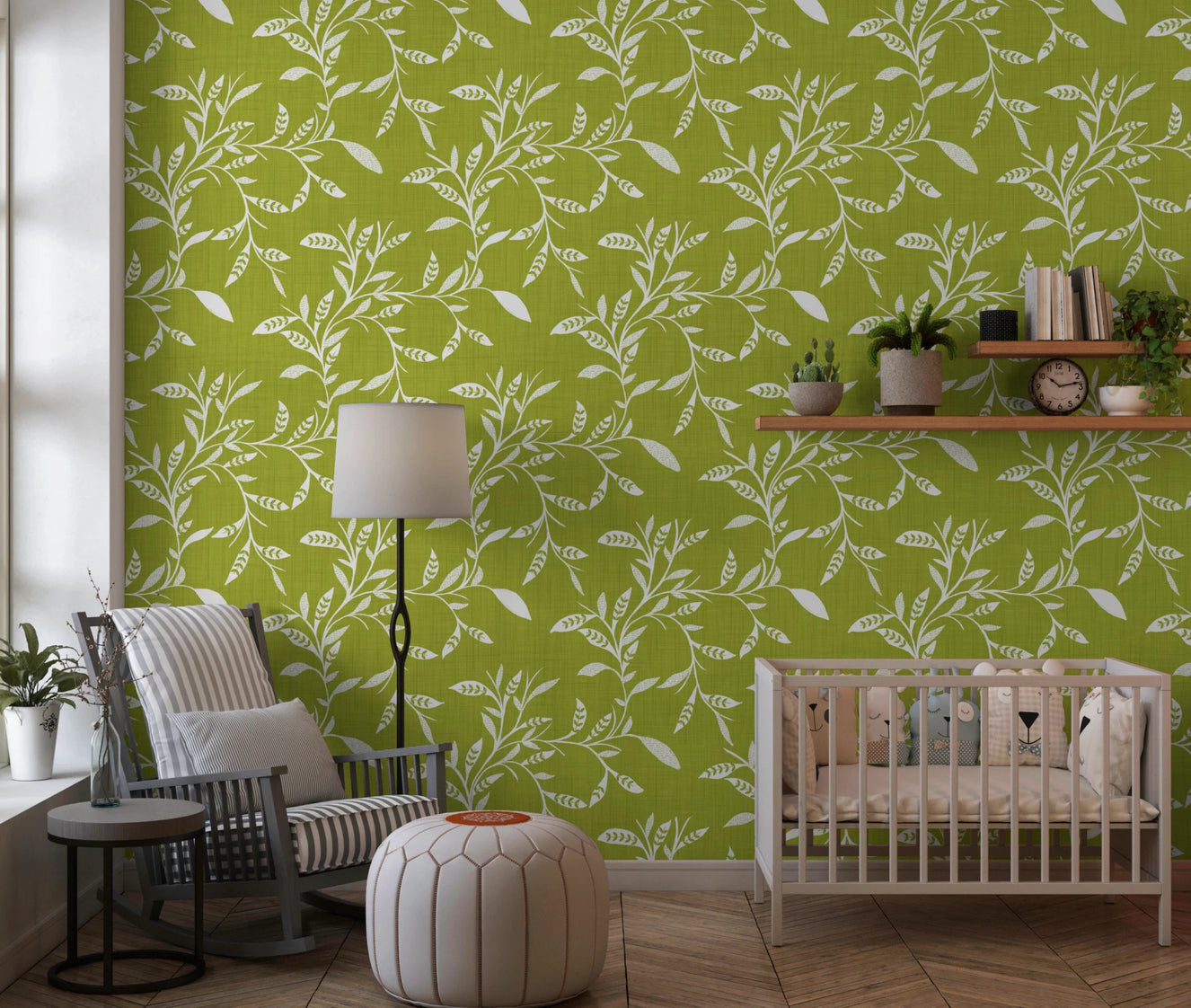 Nursery corner brightened by Cozy Scandi Folk Leaf Vine Olive Chartreuse wallpaper