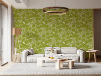 Soft sitting room finished in Olive Chartreuse craft blender wallpaper with warm decor, GD8541