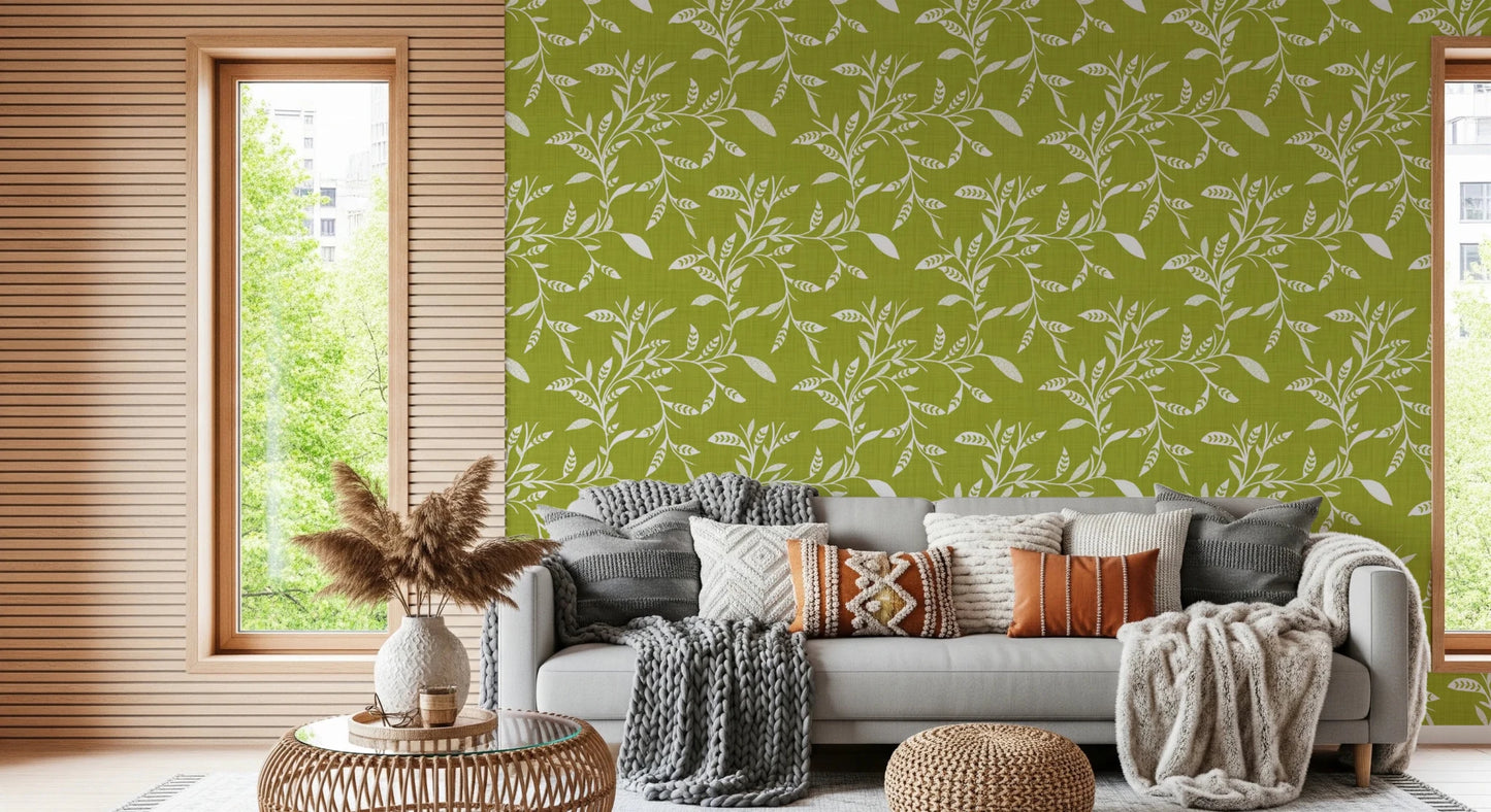 Window-side lounge styled with Cozy Scandi Folk Leaf Vine Olive Chartreuse wallpaper, GD8541