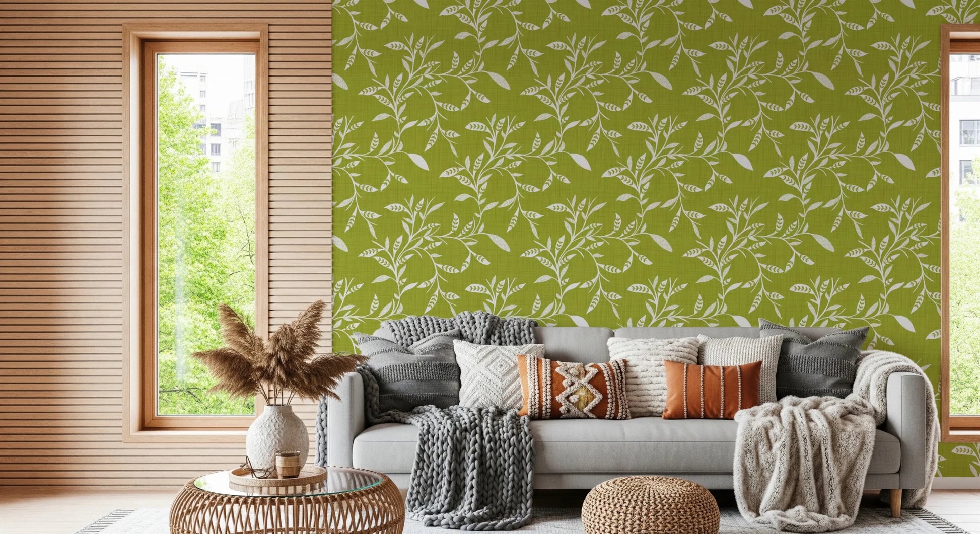 Window-side lounge styled with Cozy Scandi Folk Leaf Vine Olive Chartreuse wallpaper, GD8541