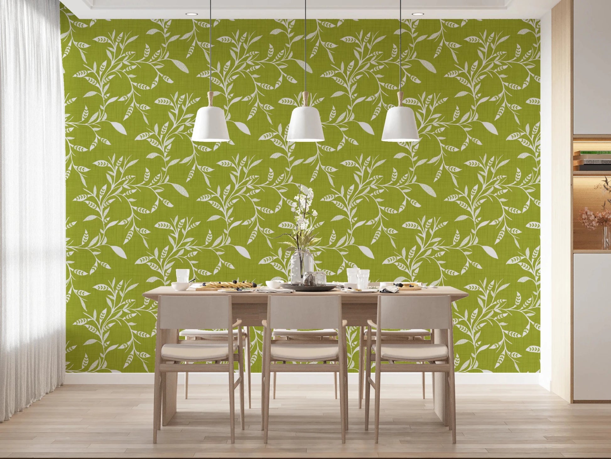Dining room styled in Cozy Scandi Folk Leaf Vine Olive Chartreuse wallpaper, GD8541