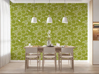 Dining room styled in Cozy Scandi Folk Leaf Vine Olive Chartreuse wallpaper, GD8541
