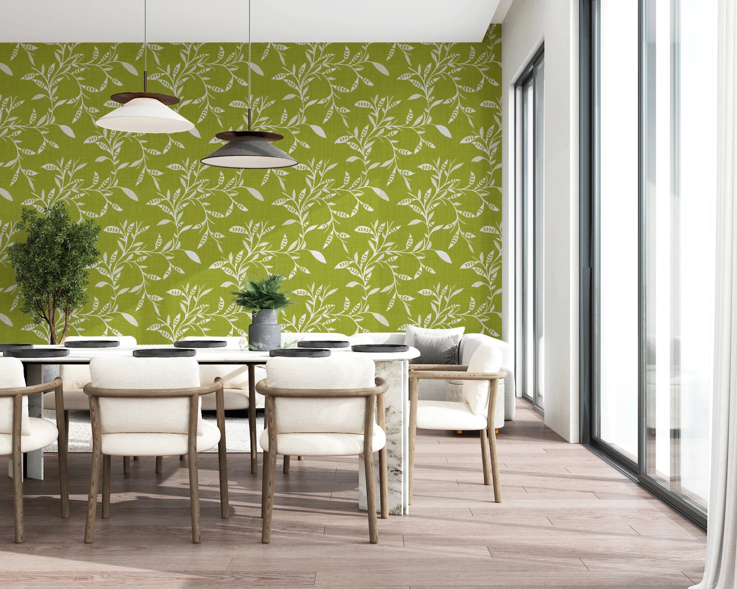 Dining room nook updated with Cozy Scandi Folk Leaf Vine Olive Chartreuse wallpaper, GD8541