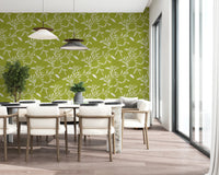 Dining room nook updated with Cozy Scandi Folk Leaf Vine Olive Chartreuse wallpaper, GD8541