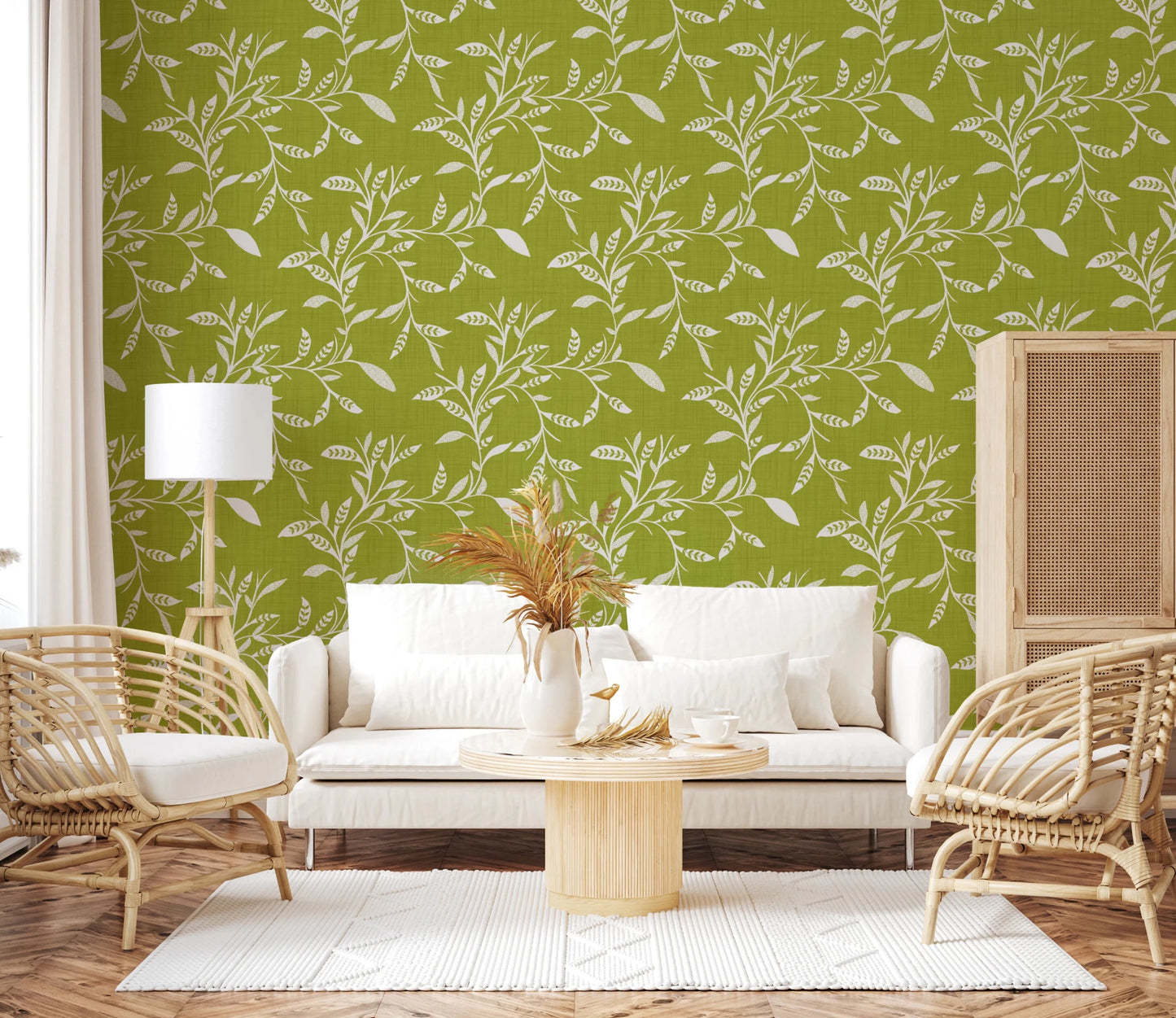 Living room softened by Olive Chartreuse craft blender wallpaper and pale bedding, GD8541