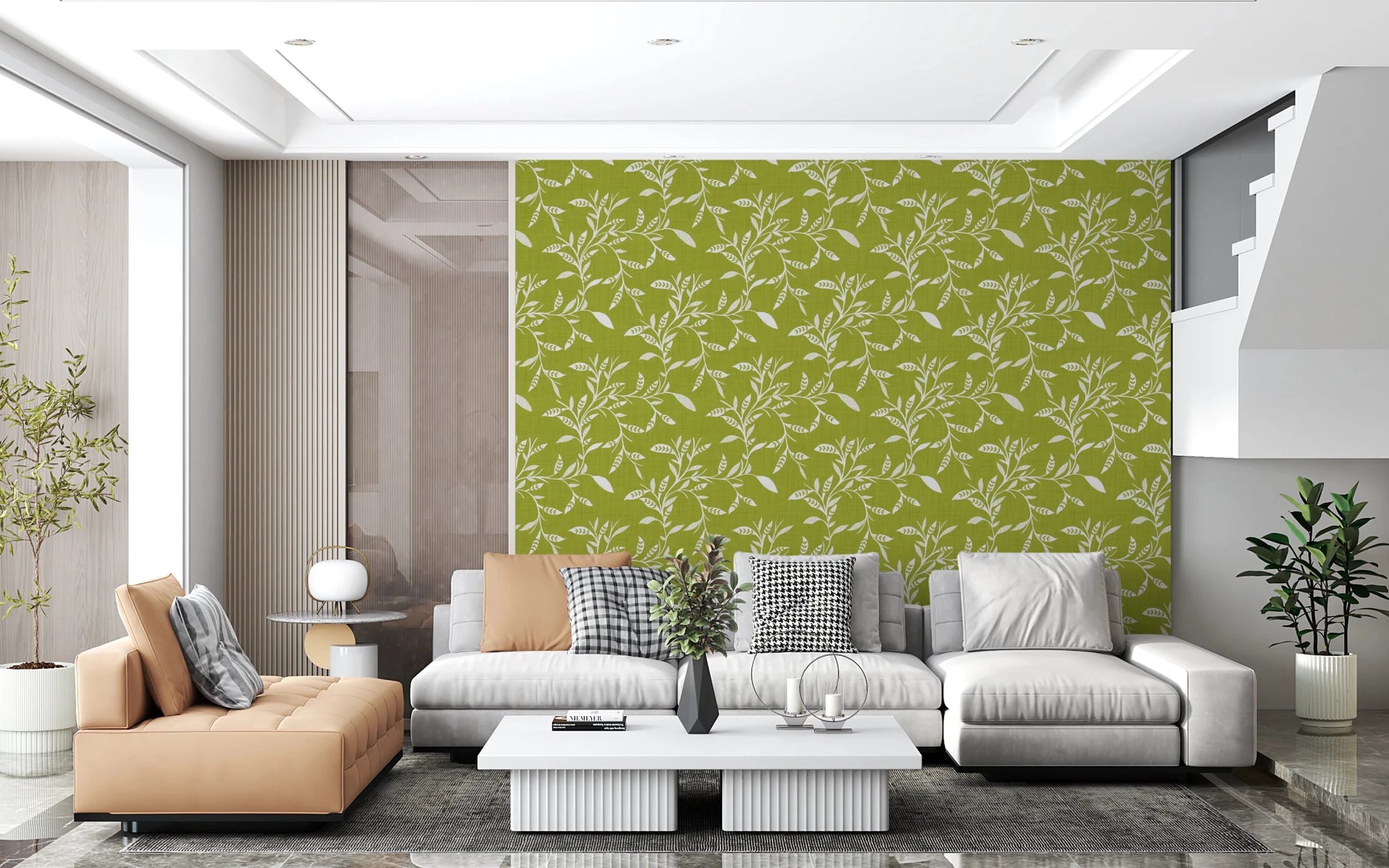 Bright interior lifted by Olive Chartreuse craft blender wallpaper with leafy flow, GD8541