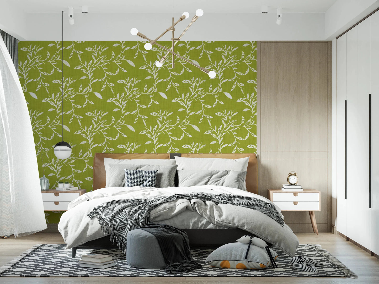 Bedroom space framed by Cozy Scandi Folk Leaf Vine Olive Chartreuse wallpaper, GD8541