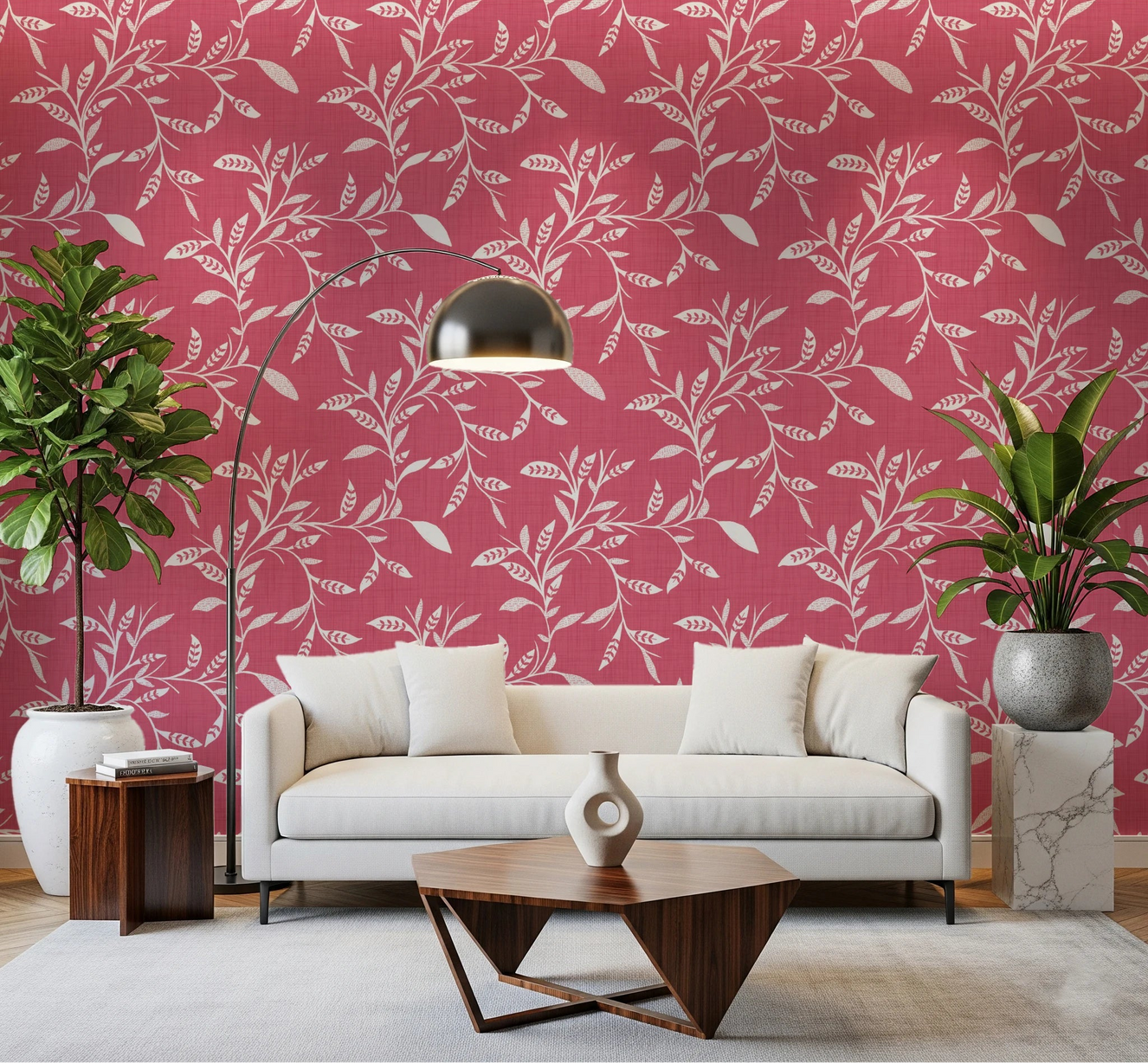 Warm lounge corner framed by Cozy Scandi Folk Leaf Vine Rose Clay wallpaper