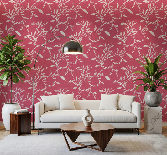 Warm lounge corner framed by Cozy Scandi Folk Leaf Vine Rose Clay wallpaper