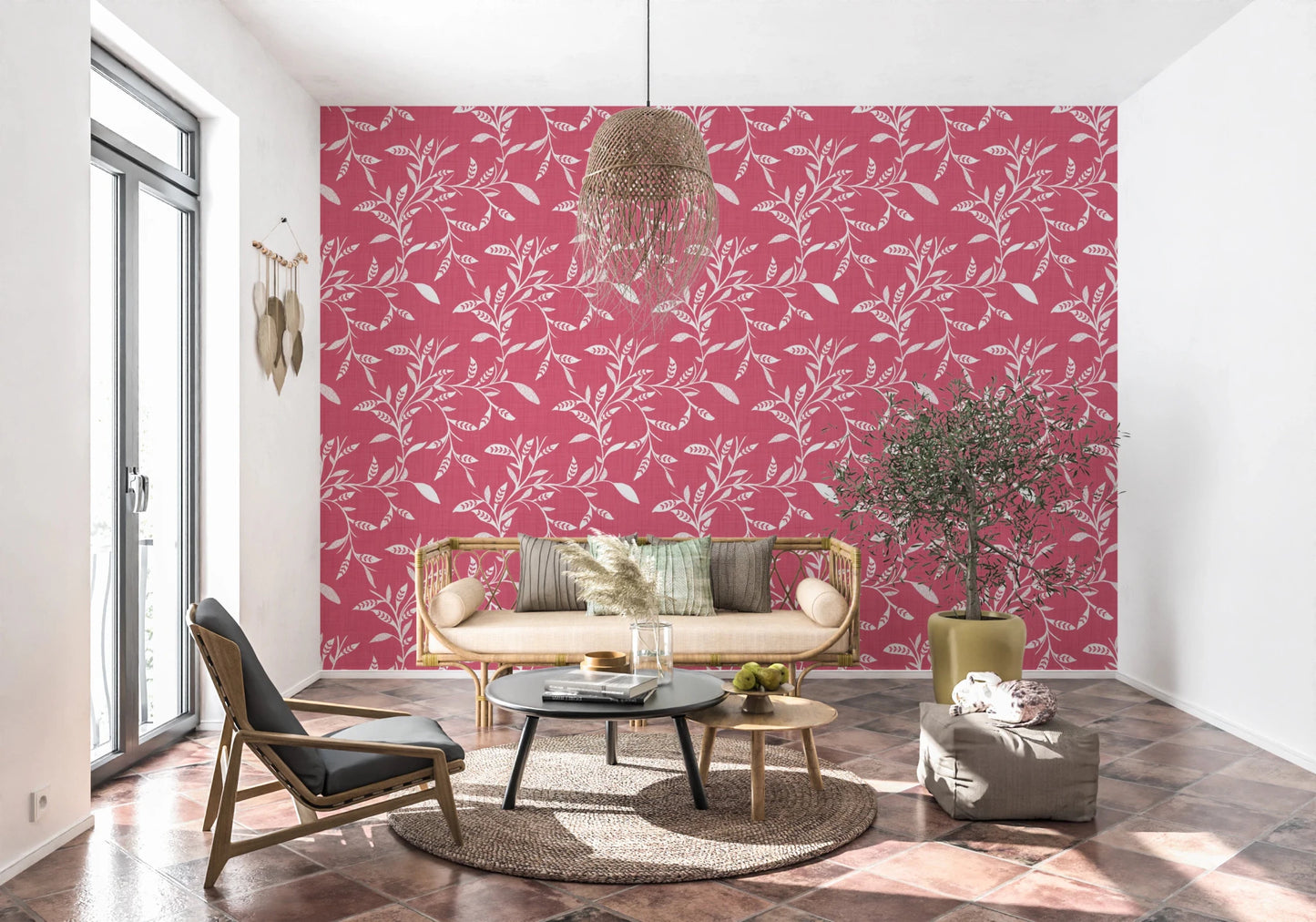 Cozy Scandi Folk Leaf Vine Rose Clay - Craft Blender Wallpaper⁠