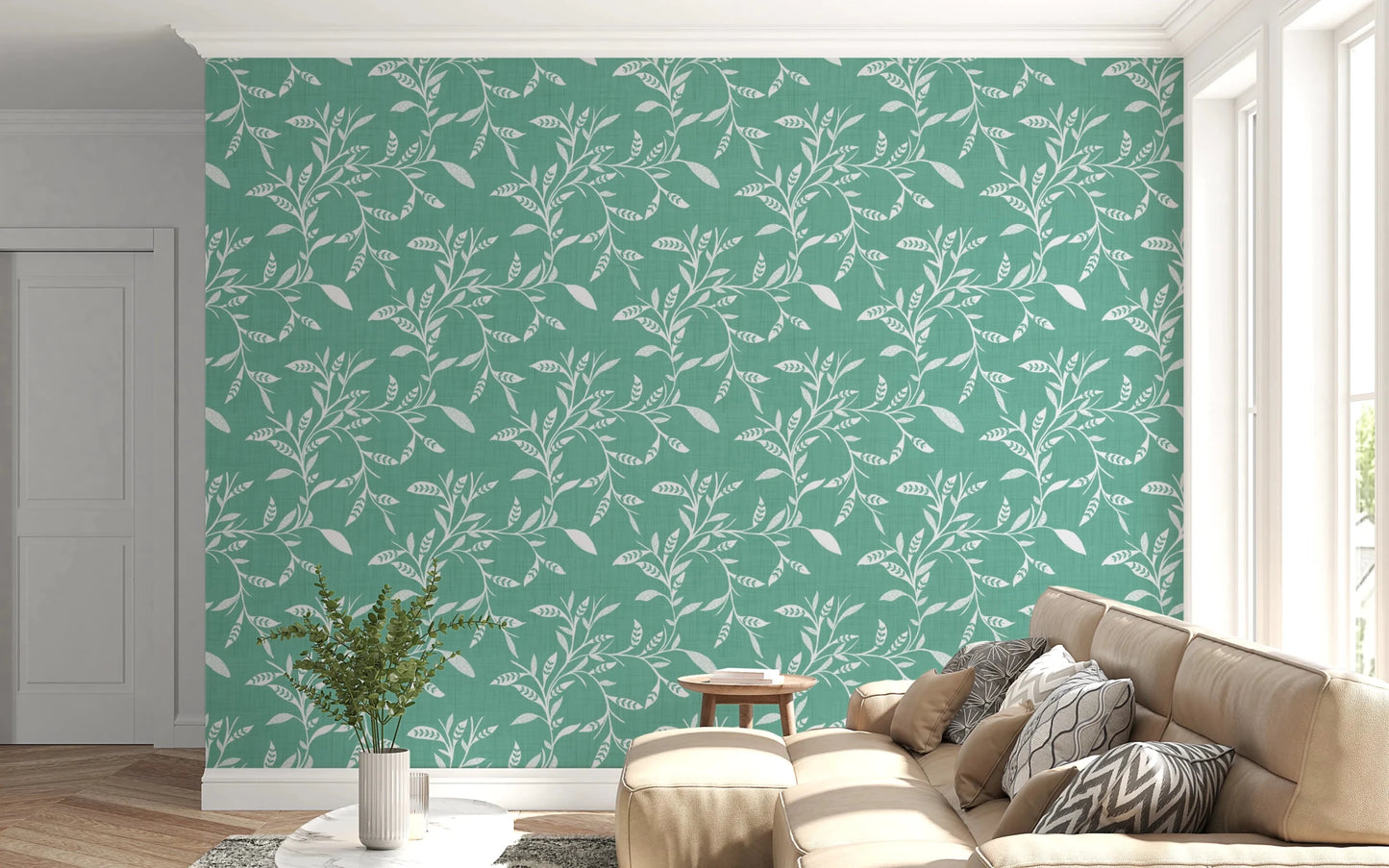 Relaxed living corner lifted by this sage mint leaf vine wallpaper backdrop, GD8544