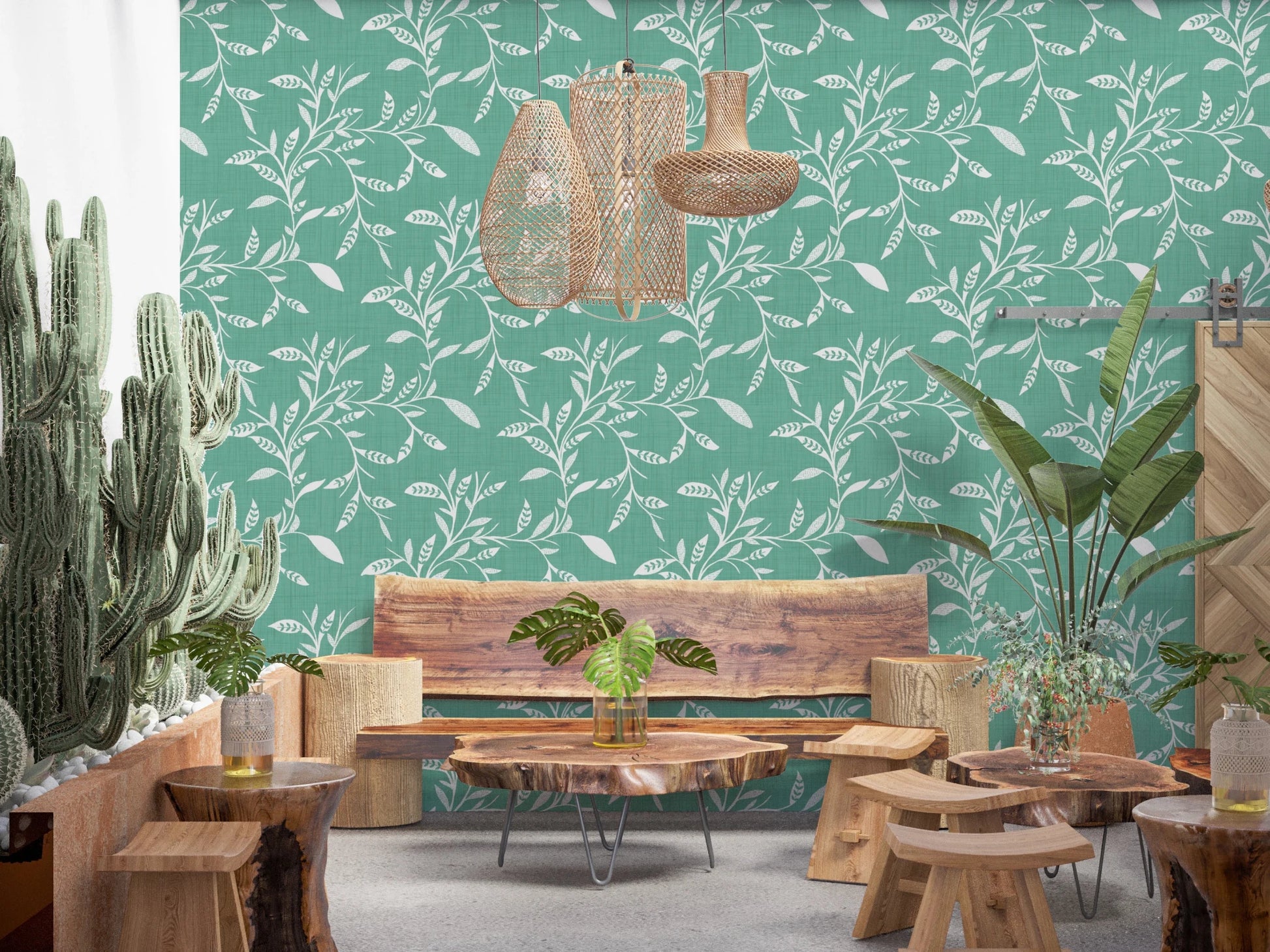 Café-style corner softened by Cozy Scandi Folk Leaf Vine Sage Mint wallpaper, GD8544