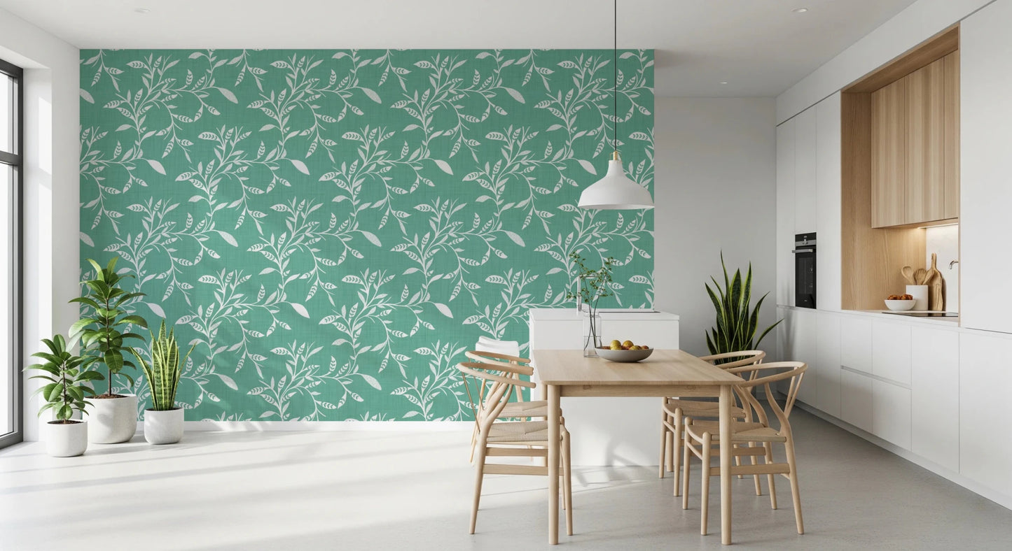 Bright Dining room finished with Cozy Scandi Folk Leaf Vine Sage Mint wallpaper, GD8544