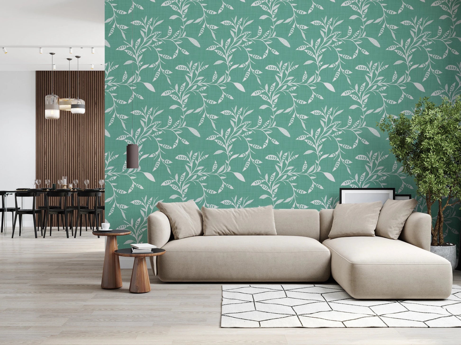 Soft sitting room paired with Cozy Scandi Folk Leaf Vine Sage Mint wallpaper, GD8544