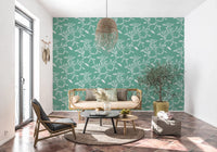 Sunlit nook featuring this leaf vine Sage Mint wallpaper and warm natural textures, GD8544