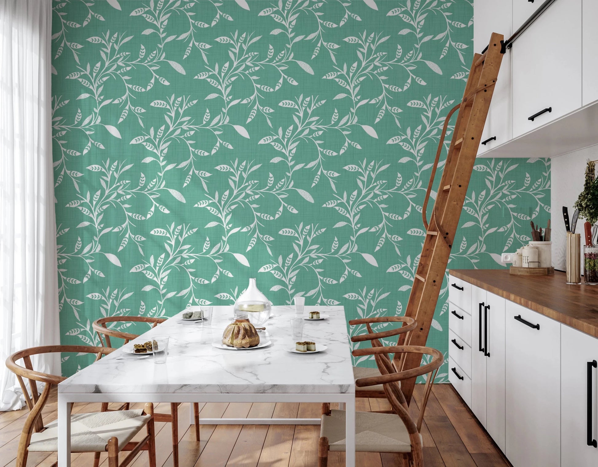 Kitchen brightened by Cozy Scandi Folk Leaf Vine Sage Mint wallpaper detail, GD8544