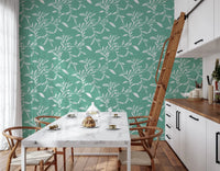 Kitchen brightened by Cozy Scandi Folk Leaf Vine Sage Mint wallpaper detail, GD8544