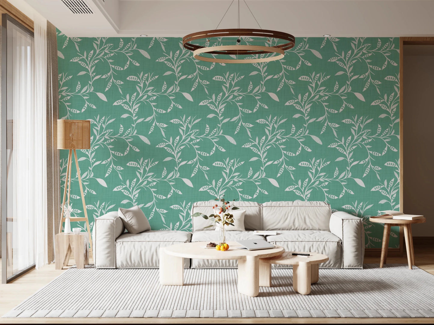 Open lounge area styled in Sage Mint craft blender wallpaper with leafy flow, GD8544